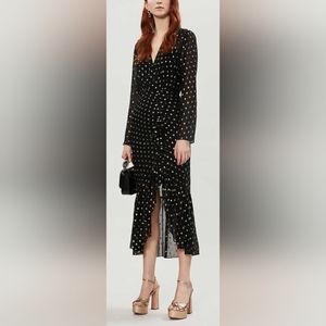Sandro Paris sz 36 Loona Polka Dot-pattern Woven Midi Dress Black & Gold